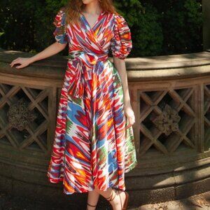 Guadalupe Design Monica Ikat Wrap Dress Midi Colorful Puff Sleeve SMALL